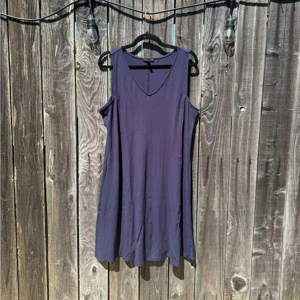Eileen Fisher Navy Blue Stretchy System Viscose Jersey Tank Dress, V neck large